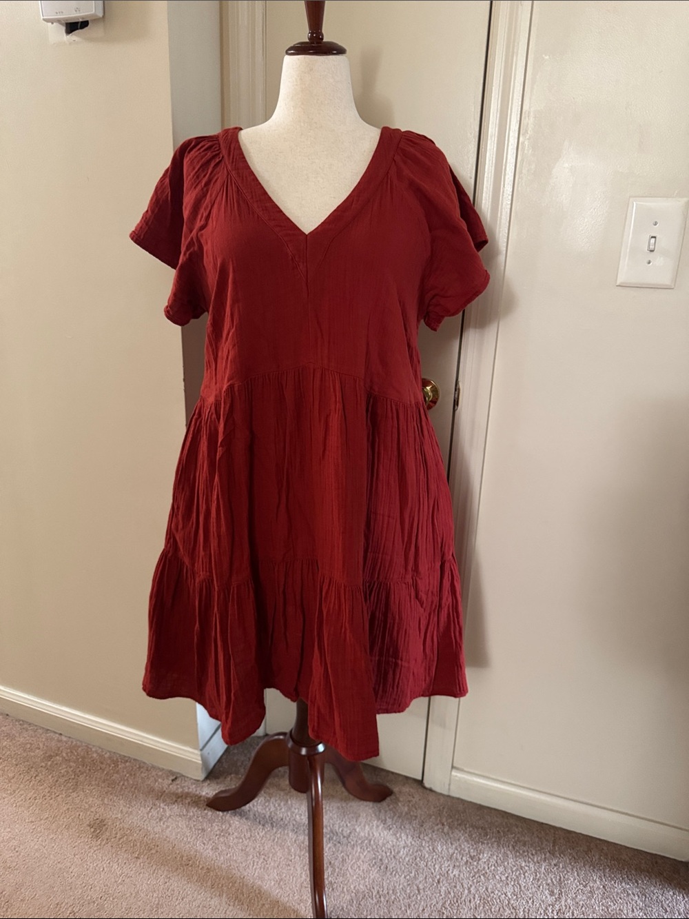 Red Tiered V-Neck Babydoll Dress
